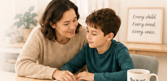 A parent and child sitting together at a table, working through schoolwork